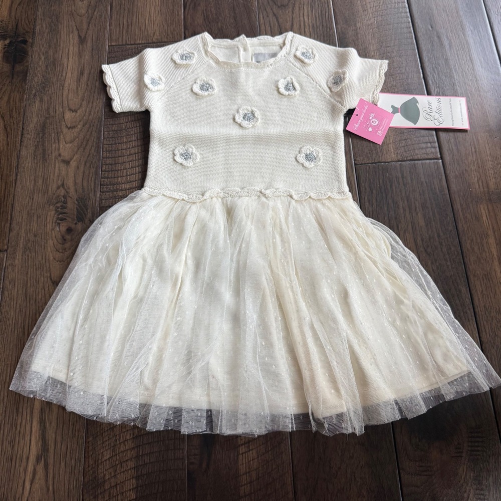 Rare Editions NWT Girls Cream Knit Tulle Flower Dress 4T E728654 Occasion